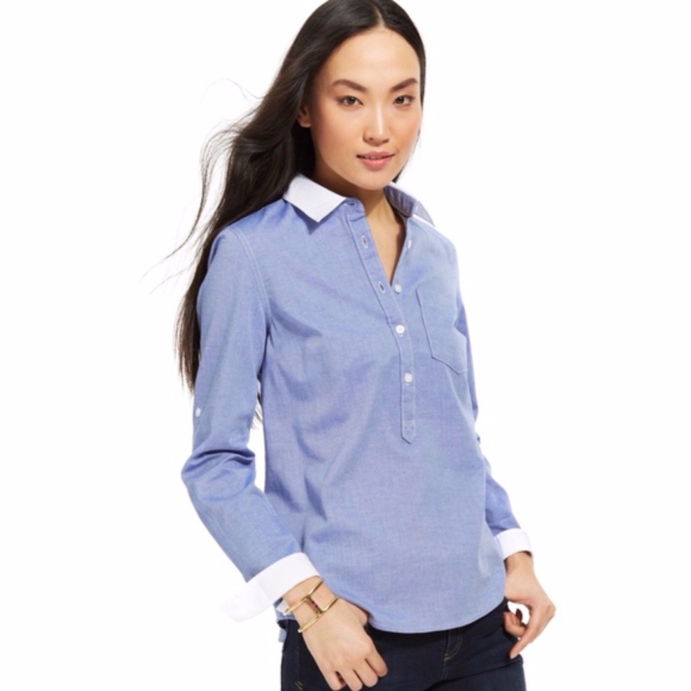 Tommy Hilfiger Blue White Long Sleeve Popover Top - Picture 1 of 8